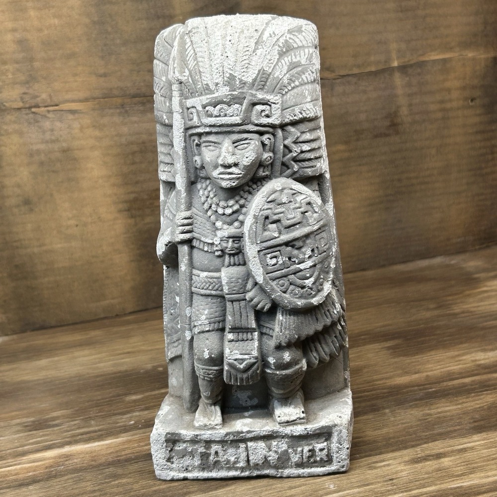 Aztec Mayan Warrior Stone Statue Grey Concrete Totem Folk Art Sculpture 8 inch